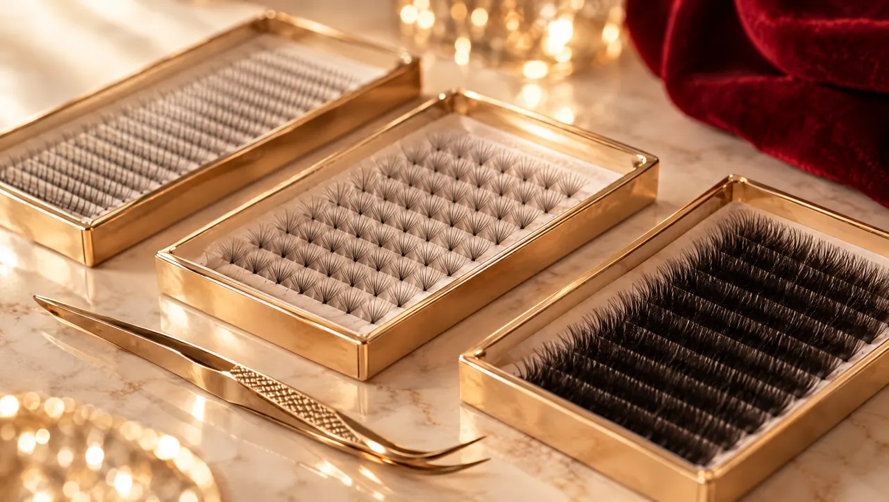 Drei Wimpern-Trays mit Classic-, Volumen- und Mega-Volumen-Fächern auf Marmor, daneben eine goldene Pinzette