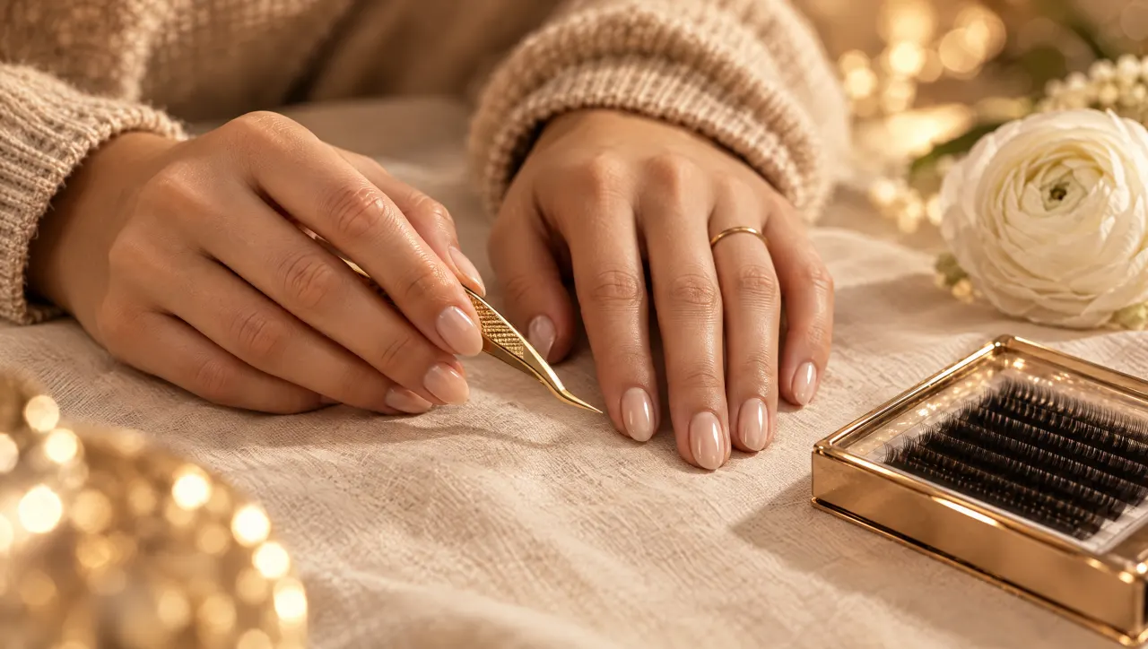 Hände der Lash-Artistin ruhen auf Leinen, eine goldene Pinzette locker in der Hand
