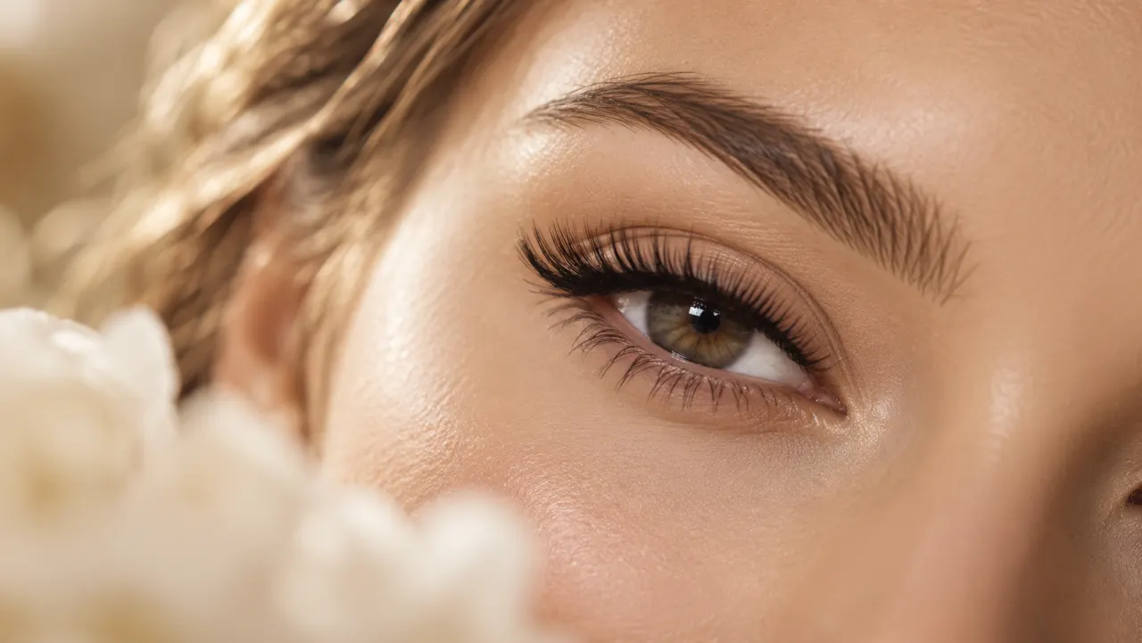 Fertiges Wimpernstyling in warmem Licht mit hellen Blüten im Vordergrund