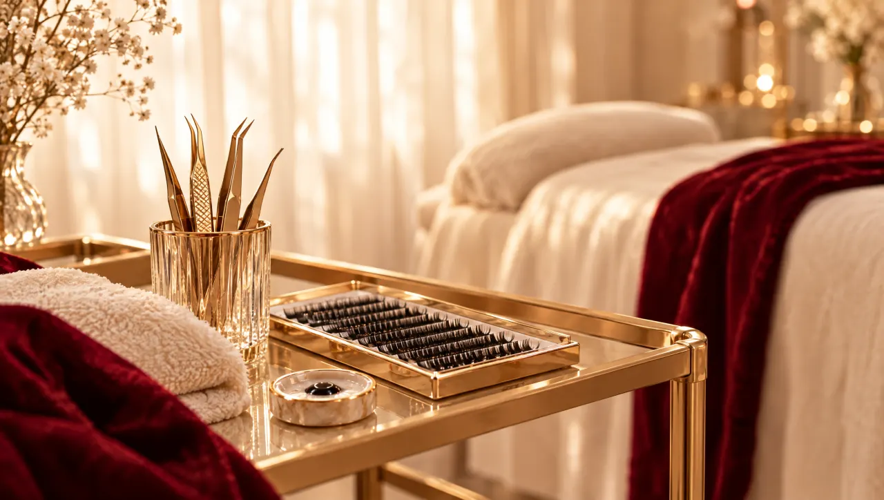 Studio-Arbeitsplatz am Morgen: Liege und goldener Rollwagen mit Trays im warmen Tageslicht