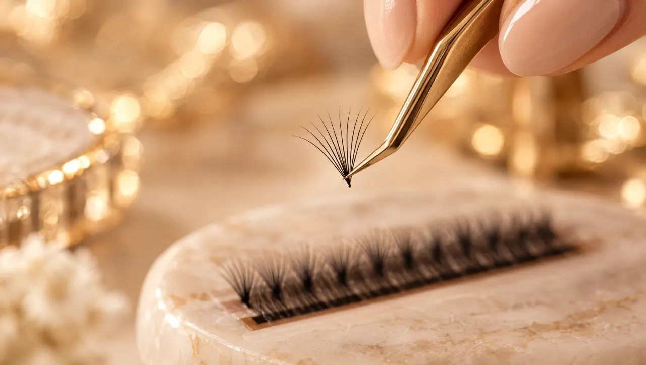 Nahaufnahme: Eine Pinzettenspitze zieht einen handgefächerten Volumenfächer vom Wimpernstrip