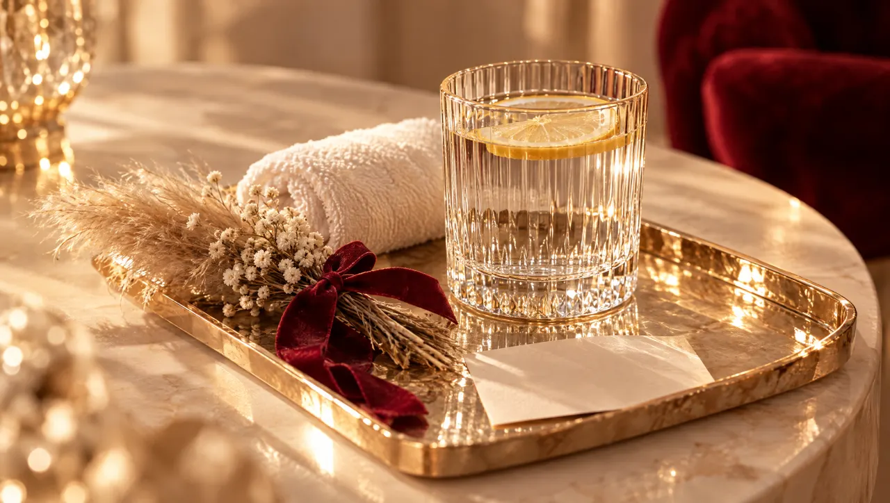 Begrüßungstablett mit einem Glas Wasser und Zitrone, gefaltetem Handtuch und einem kleinen Trockenblumenstrauß