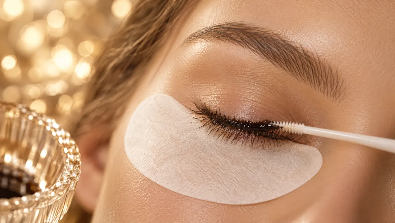 Ein Microbrush tönt die Naturwimpern am geschlossenen Auge, darunter liegt ein Unter-Augen-Pad