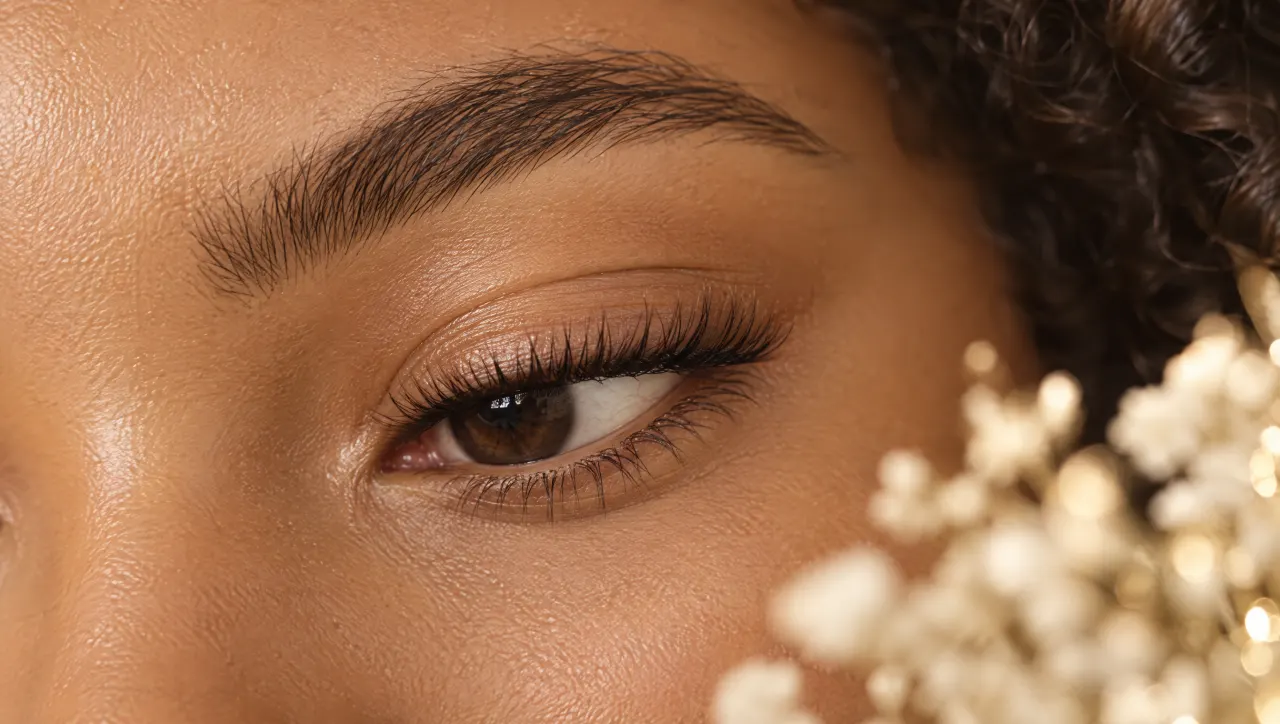 Gesenkter Blick mit natürlich gelifteten, getönten Naturwimpern ohne Extensions, Blüten im Vordergrund