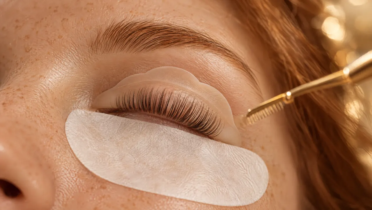 Nahaufnahme: geschlossenes Auge, Naturwimpern liegen über einem sandfarbenen Silikon-Lifting-Pad
