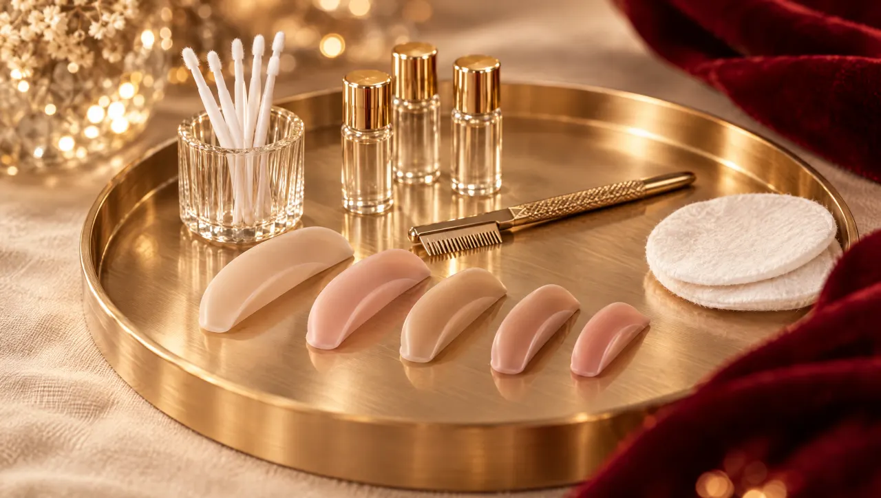 Vorbereitetes Lifting-Set: Silikon-Pads in verschiedenen Größen, kleine Glasphiolen und Microbrushes auf einem Goldtablett